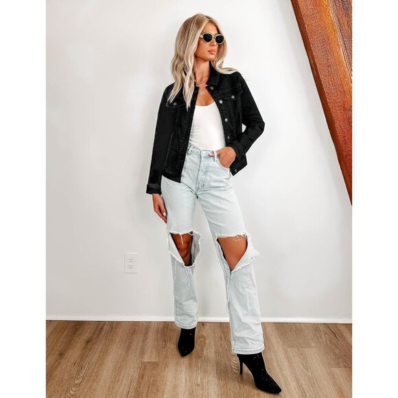 Women's Button Down Stretch Fitted Long Sleeves Denim Jean Jacket Always Black - Picture 2 of 8